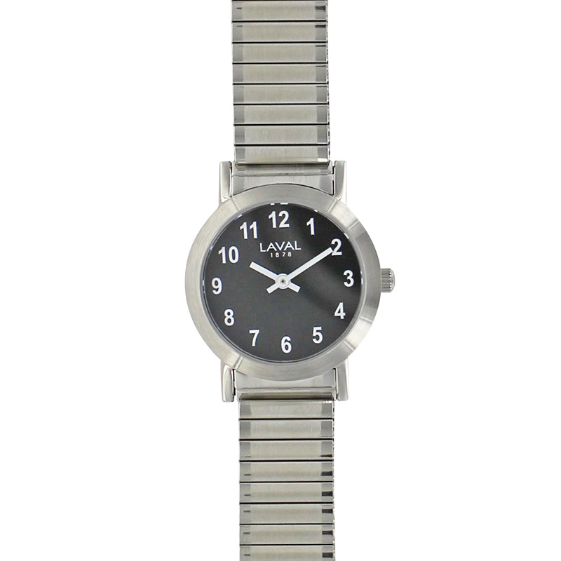 Montre de travail homme boîtier acier, cadran noir et bracelet acier argenté extensible