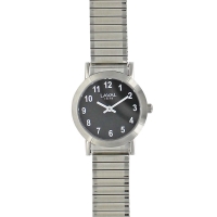 Montre de travail homme boîtier acier, cadran noir et bracelet acier argenté extensible