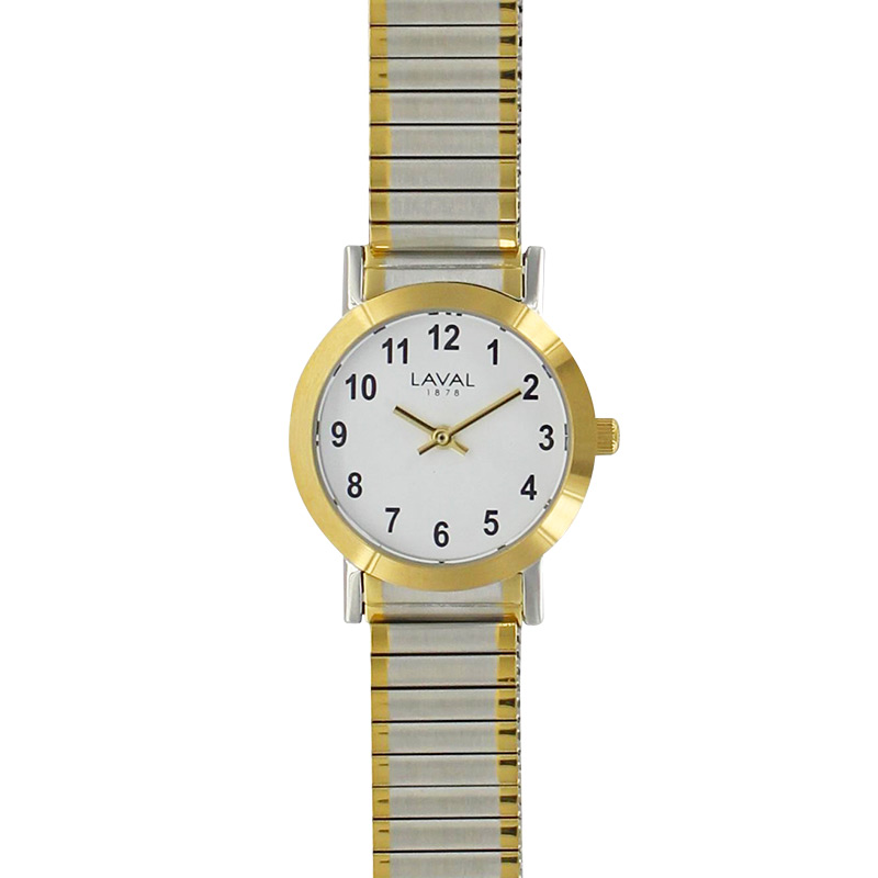 Montre de travail homme boîtier acier doré, cadran blanc et bracelet acier bicolore extensible