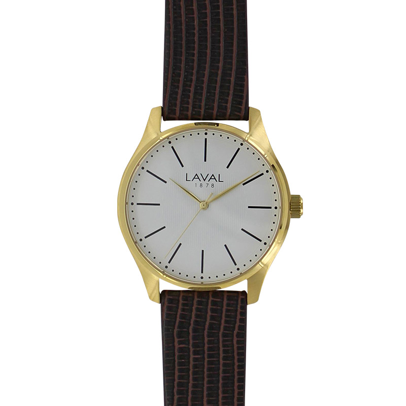 Montre de travail homme boîtier acier doré, cadran blanc et bracelet synthétique marron