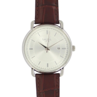 Montre de travail homme, boîtier métal, cadran argenté et bracelet cuir de bovin marron, surpiqûres