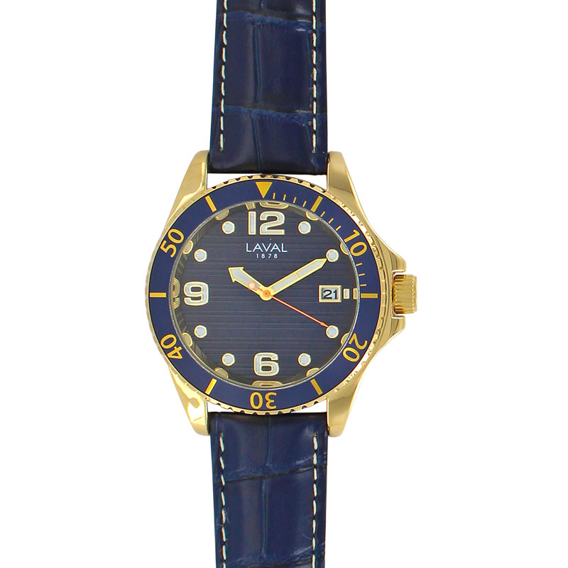 Montre de travail homme, boîtier métal doré, cadran bleu et bracelet cuir de bovin bleu, surpiqûres