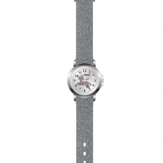 Montre enfant boîtier métal, cadran avec licorne et bracelet plastique gris pailleté