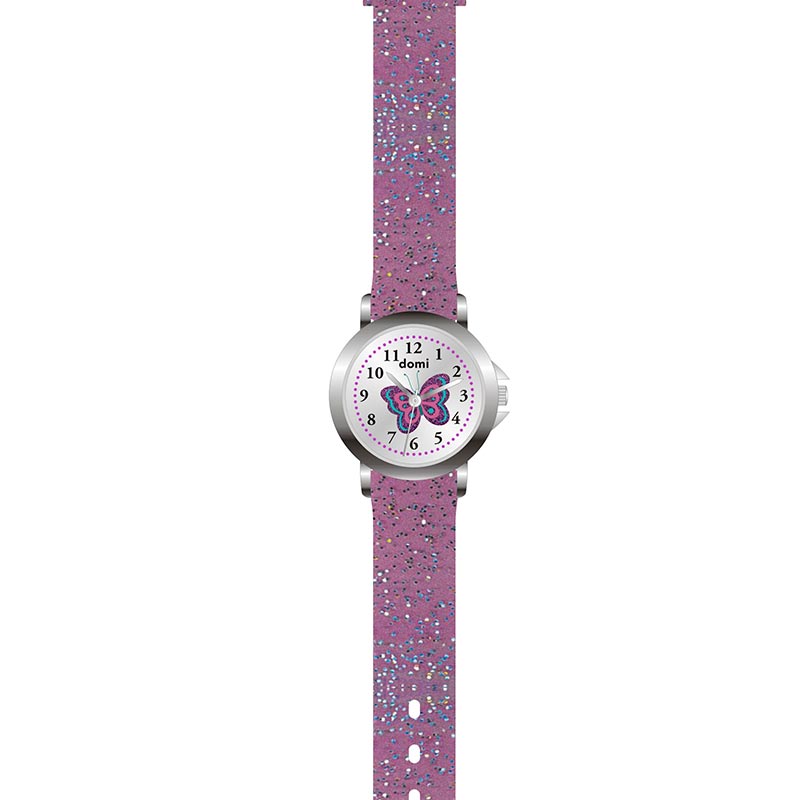 Montre enfant boîtier métal, cadran avec papillon et bracelet plastique mauve pailleté