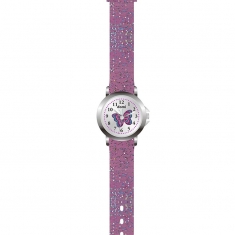 Montre enfant boîtier métal, cadran avec papillon et bracelet plastique mauve pailleté