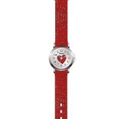 Montre enfant boîtier métal, cadran coeur et bracelet plastique rouge pailleté, mvt PC21S