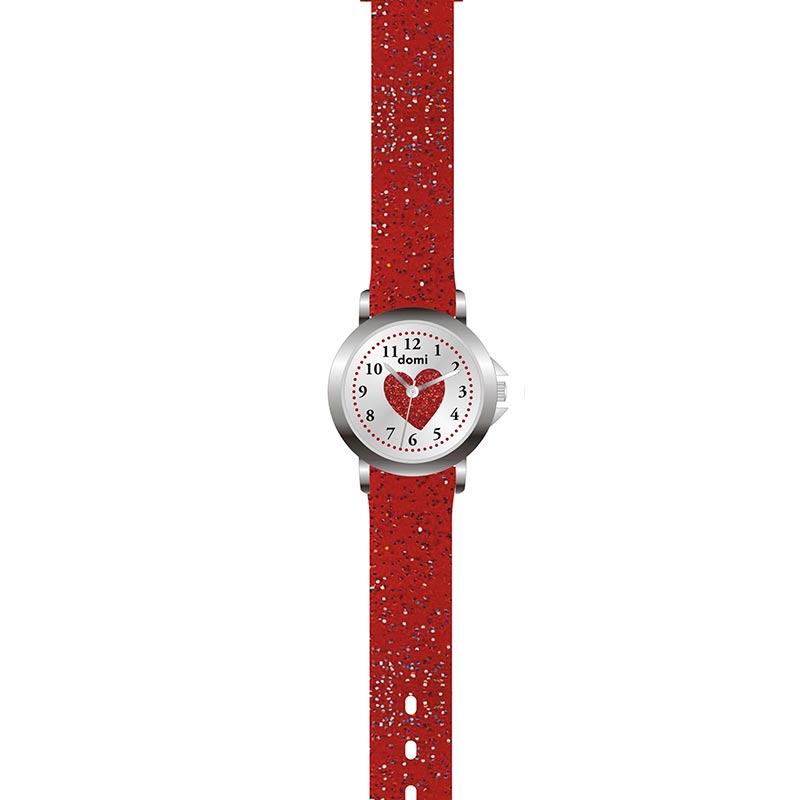 Montre enfant boîtier métal, cadran coeur et bracelet plastique rouge pailleté, mvt PC21S