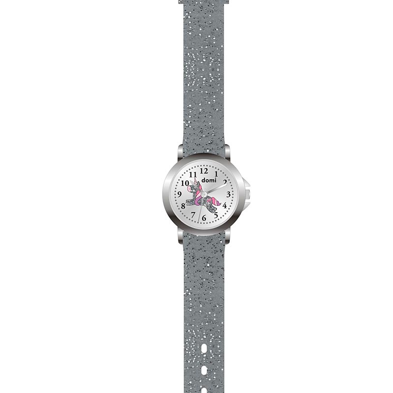 Montre enfant boîtier métal, cadran licorne et bracelet plastique gris pailleté, mvt PC21S