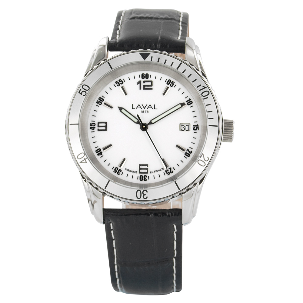 Montre étanche homme acier double cadran, blanc et bracelet refente cuir de buffle aspect croco