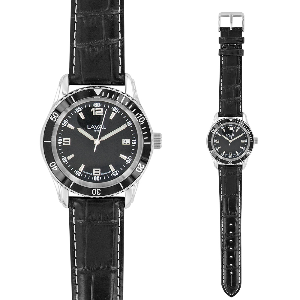 Montre étanche homme acier double cadran, noir et bracelet refente cuir de buffle aspect croco