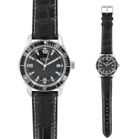Montre étanche homme acier double cadran, noir et bracelet refente cuir de buffle aspect croco