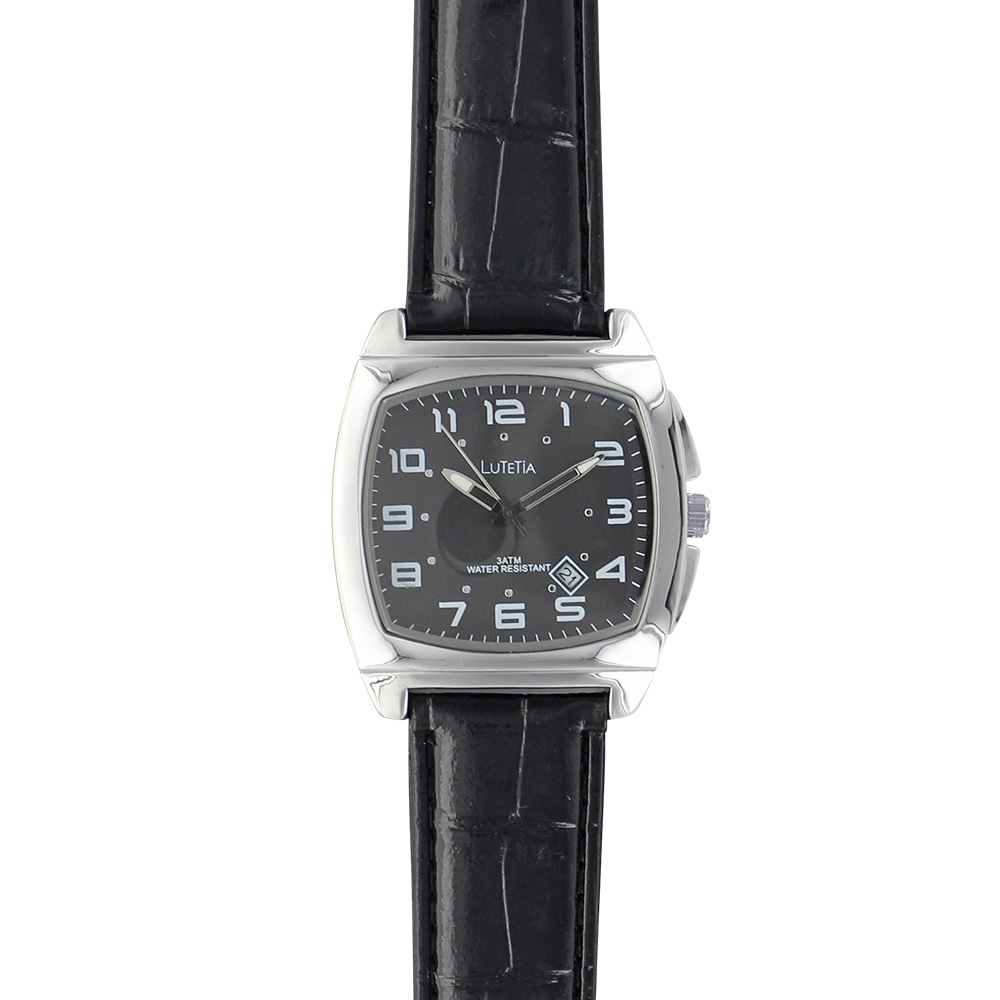 Montre homme boîtier coussin métal, dato et bracelet noir aspect croco - Étanche 30 m