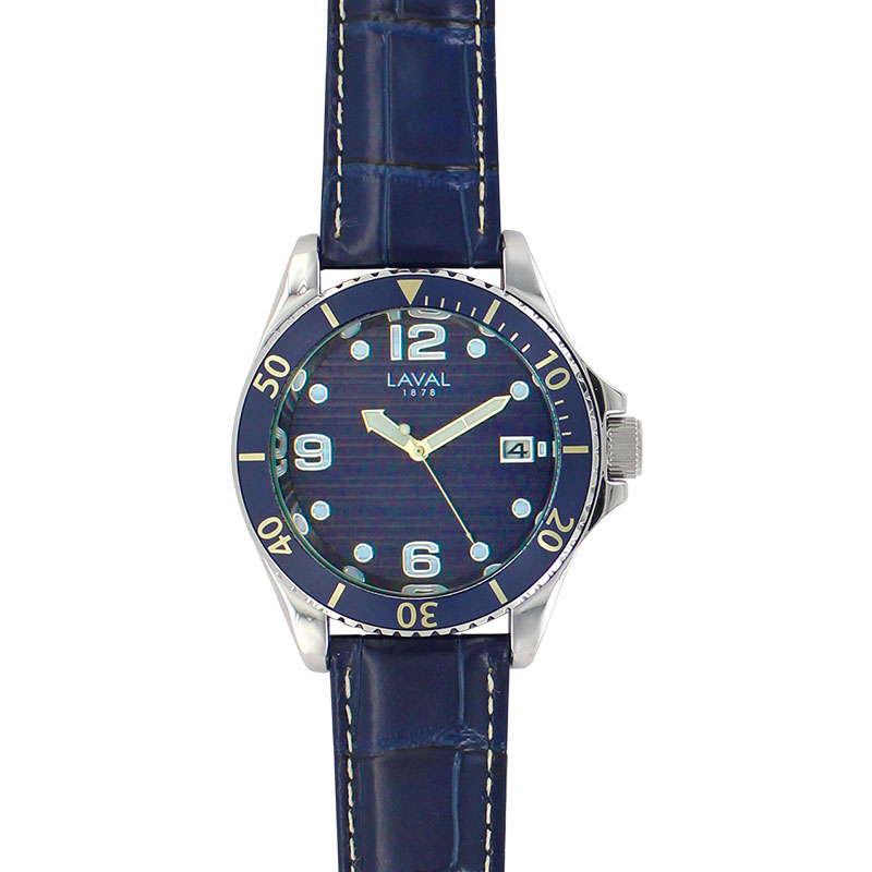 Montre homme, boîtier métal, cadran bleu et bracelet cuir de bovin bleu, surpiqûres