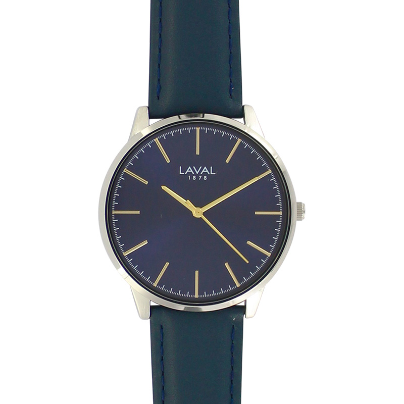 Montre homme, boîtier métal, cadran bleu et bracelet cuir de bovin bleu, surpiqûres