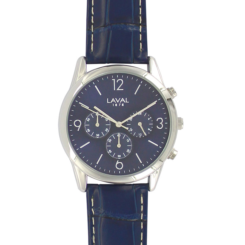 Montre homme, boîtier métal, cadran bleu et bracelet cuir de bovin bleu, surpiqûres