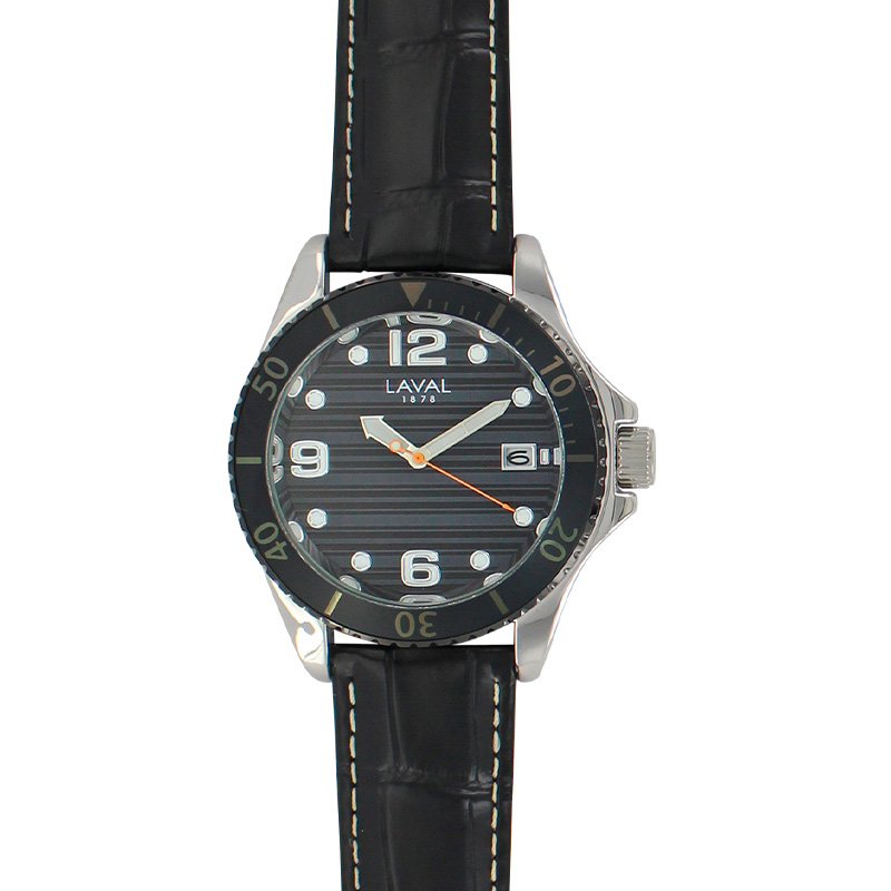 Montre homme, boîtier métal, cadran noir et bracelet cuir de bovin noir, surpiqûres