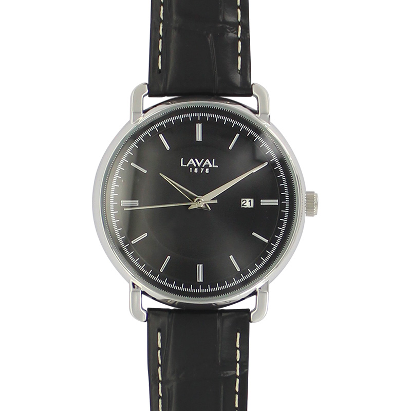 Montre homme, boîtier métal, cadran noir et bracelet cuir de bovin noir, surpiqûres