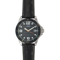 Montre homme, boîtier métal, cadran noir et bracelet cuir de bovin noir, surpiqûres