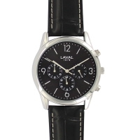 Montre homme, boîtier métal, cadran noir et bracelet cuir de bovin noir, surpiqûres