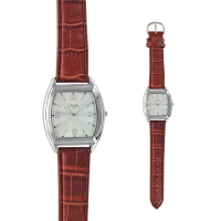 Montre homme boîtier métal carré arrondi, bracelet synthétique marron