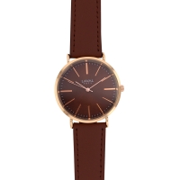 Montre homme boîtier métal doré-rose, bracelet cuir de bovin marron, mvt Miyota 2035