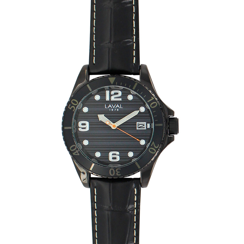 Montre homme, boîtier métal noir, cadran noir et bracelet cuir de bovin noir, surpiqûres