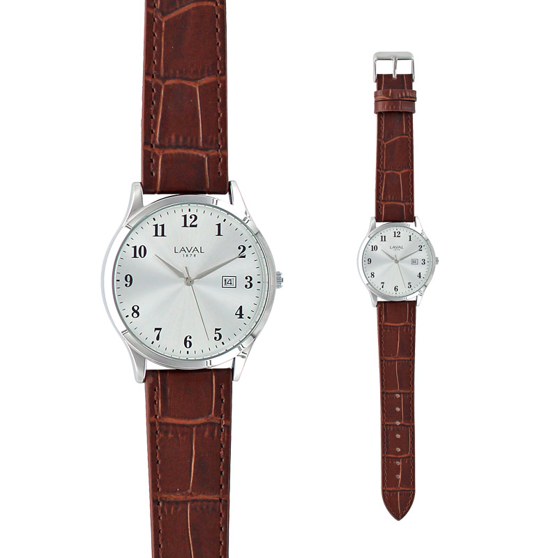 Montre homme boîtier métal rond, dato, bracelet synthétique marron