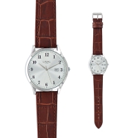 Montre homme boîtier métal rond, dato, bracelet synthétique marron