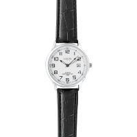 Montre homme dato 3h, boîtier métal, index minutes, chiffres arabes, bracelet cuir de bovin noir