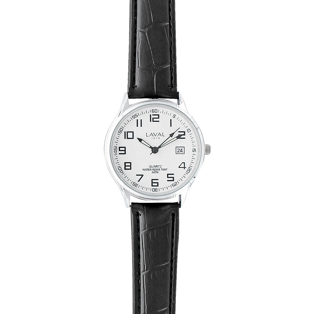 Montre homme dato 3h, boîtier métal, index minutes, chiffres arabes, bracelet cuir de bovin noir