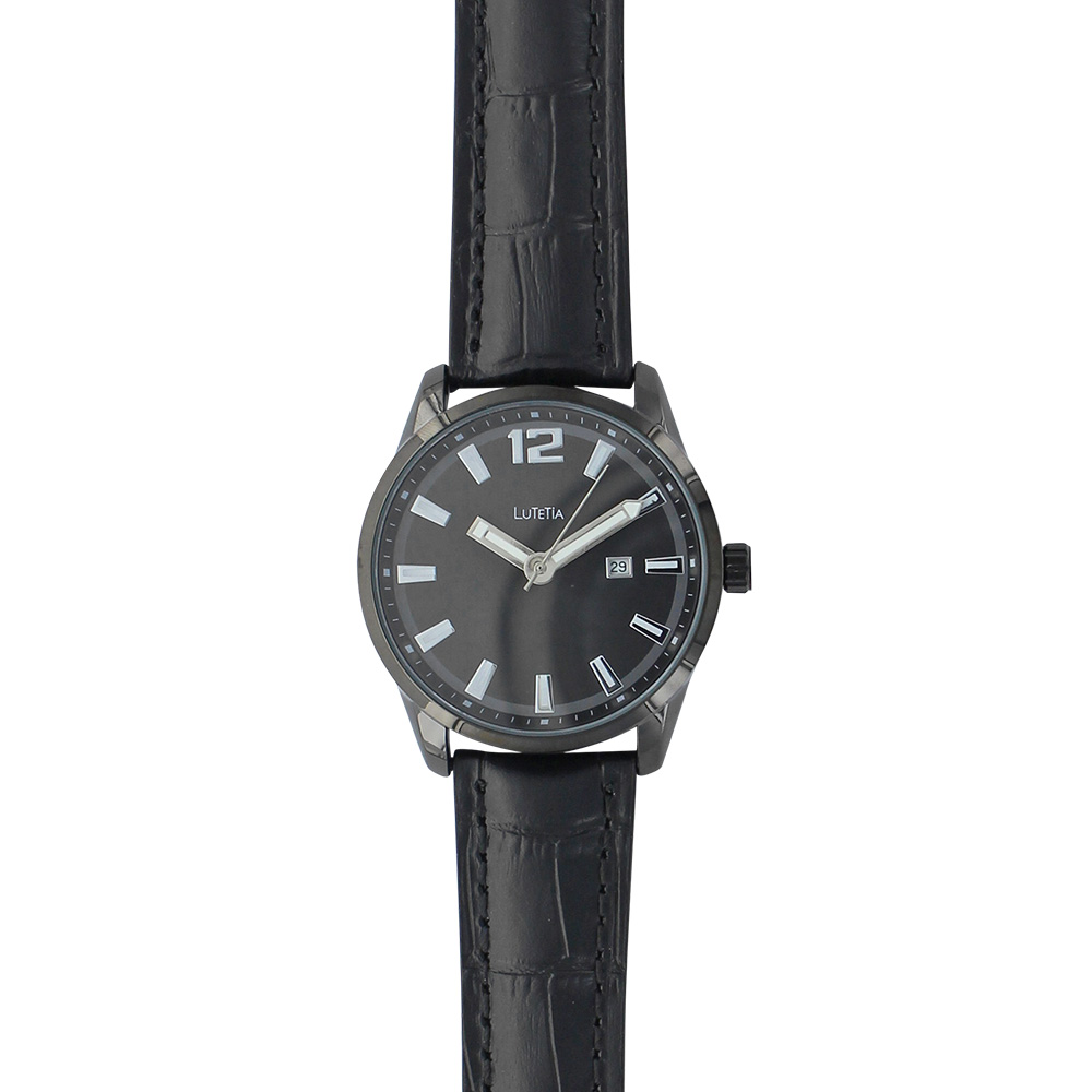 Montre homme Lutetia avec dato, boîtier métal noir ø 43 mm, cadran et bracelet noir aspect croco