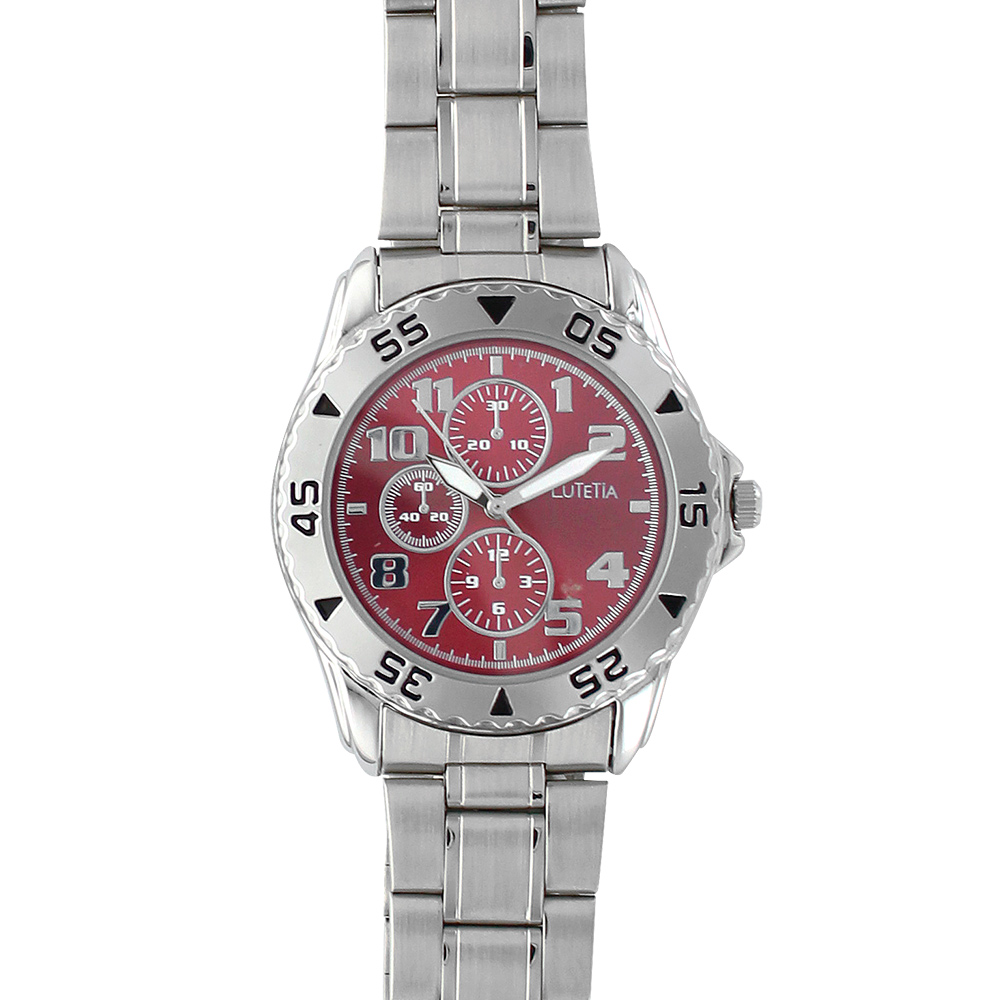 Montre homme Lutetia boîtier et bracelet en métal, cadran bordeaux