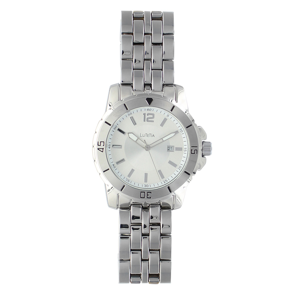 Montre homme Lutetia boîtier et bracelet métal, cadran argenté, dato 3h, diam. 45mm