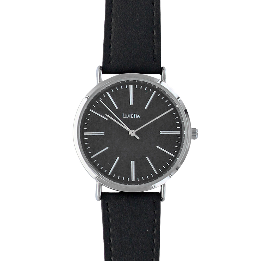 Montre homme Lutetia boîtier métal, cadran et bracelet cuir de veau noir