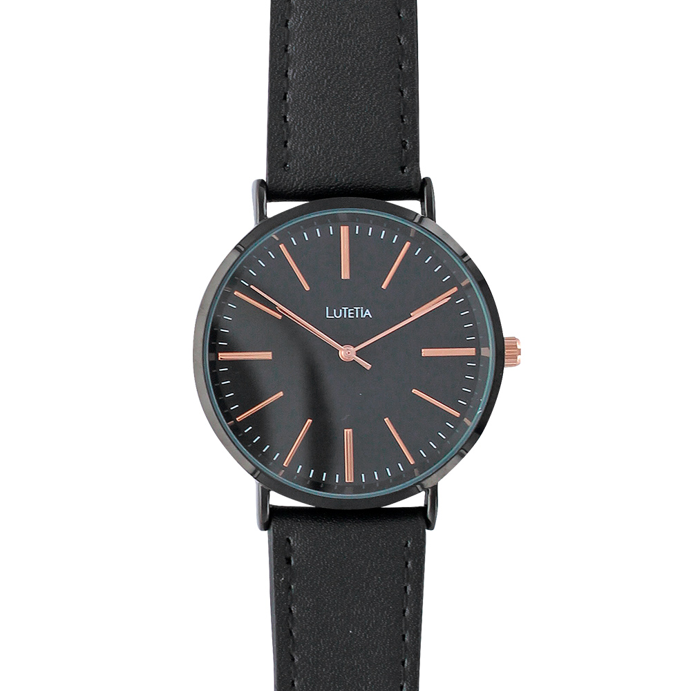 Montre homme Lutetia noir, index et aiguilles doré-rose, bracelet synthétique