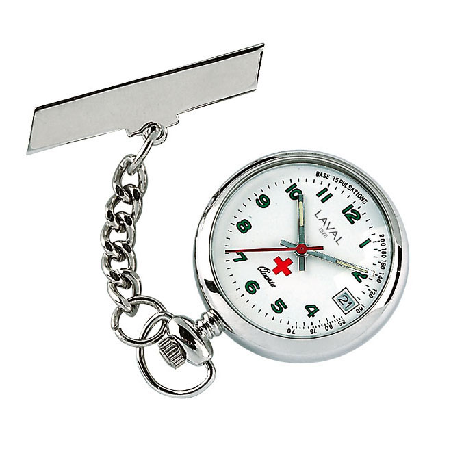 Montre infirmière à broche en métal chromé, dato 6h, 3 aiguilles, index et chiffres arabes