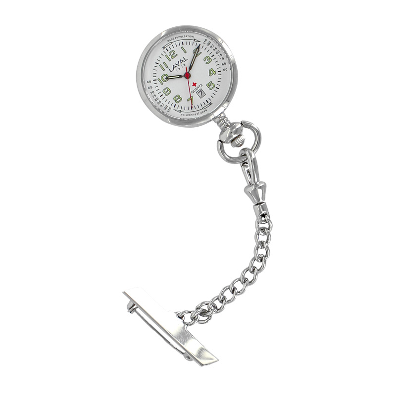 Montre infirmière à broche en métal, dato 6h, 3 aiguilles, chaîne et clip en laiton