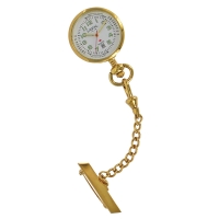 Montre infirmière à broche en métal doré, dato 6h, 3 aiguilles, chaîne et clip en laiton