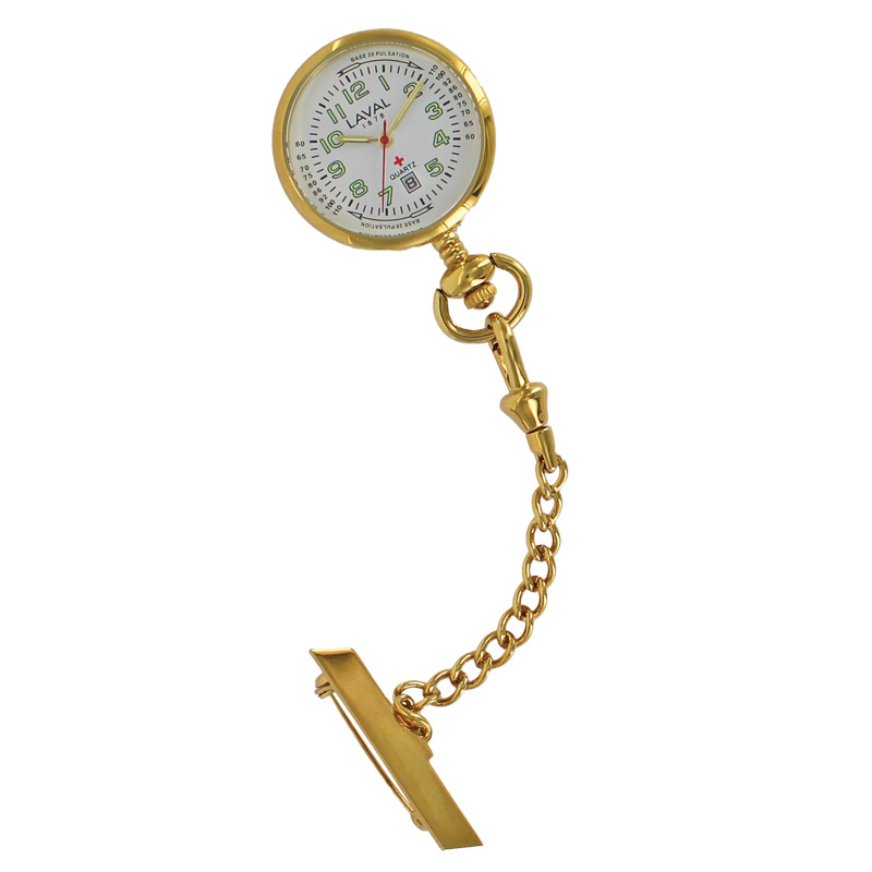 Montre infirmière à broche en métal doré, dato 6h, 3 aiguilles, chaîne et clip en laiton