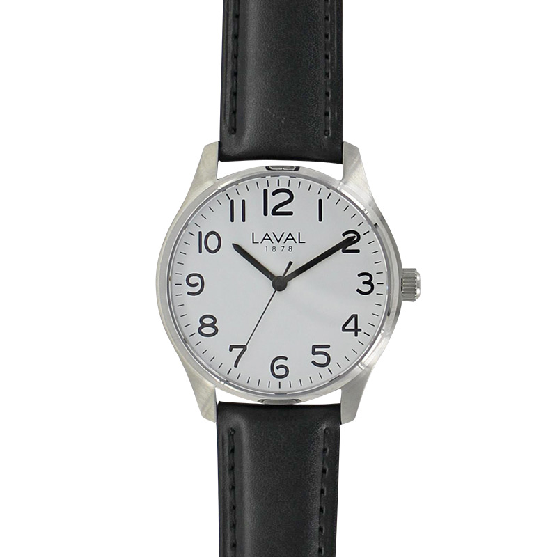 Montre Laval boîtier acier, cadran blanc et bracelet cuir de bovin noir doublure synthétique