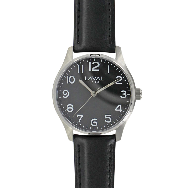 Montre Laval boîtier acier, cadran blanc et bracelet cuir de bovin noir doublure synthétique