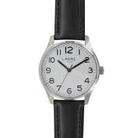 Montre Laval boîtier acier, cadran blanc et bracelet cuir de bovin noir doublure synthétique
