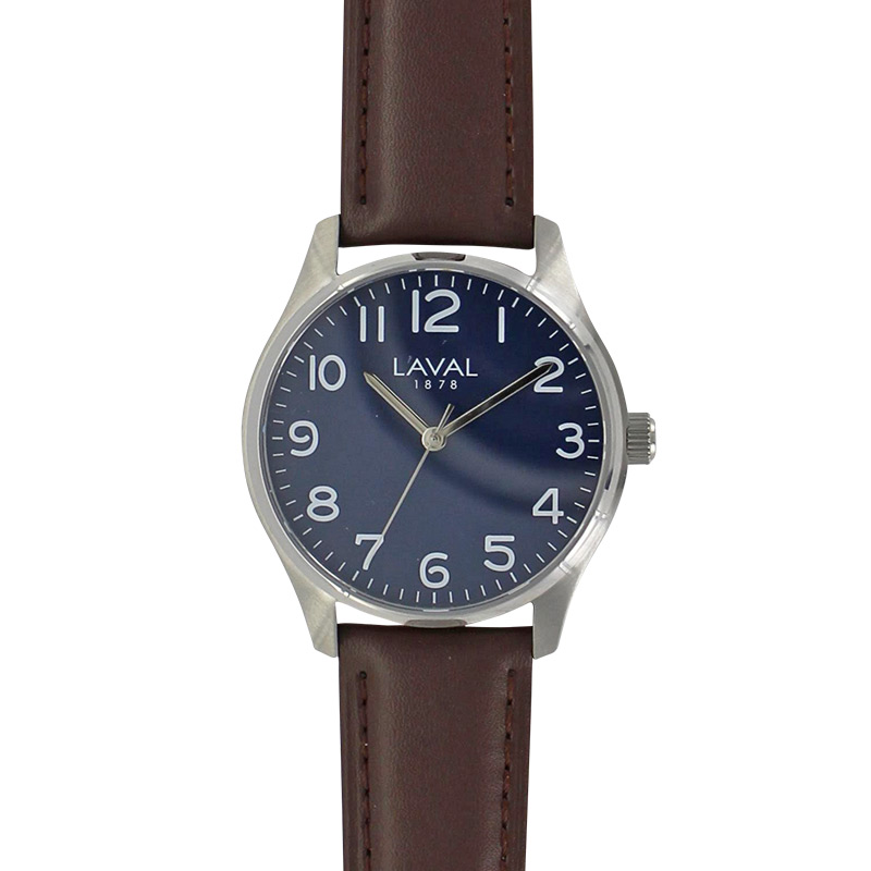 Montre Laval boîtier acier, cadran bleu et bracelet cuir de bovin marron doublure synthétique