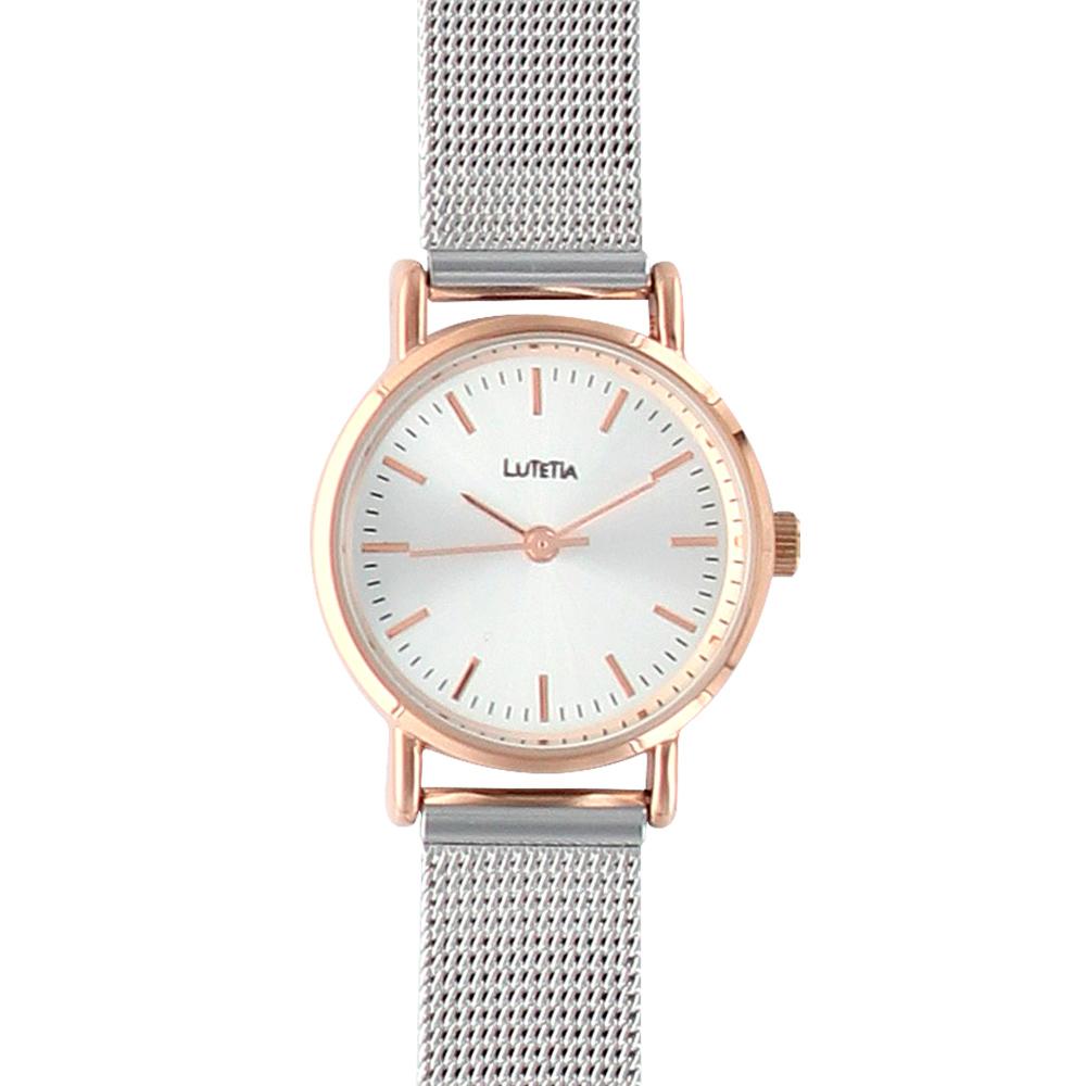 Montre Lutetia à bracelet milanais acier, boîtier métal doré rose et cadran blanc