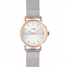 Montre Lutetia à bracelet milanais acier, boîtier métal doré rose et cadran blanc