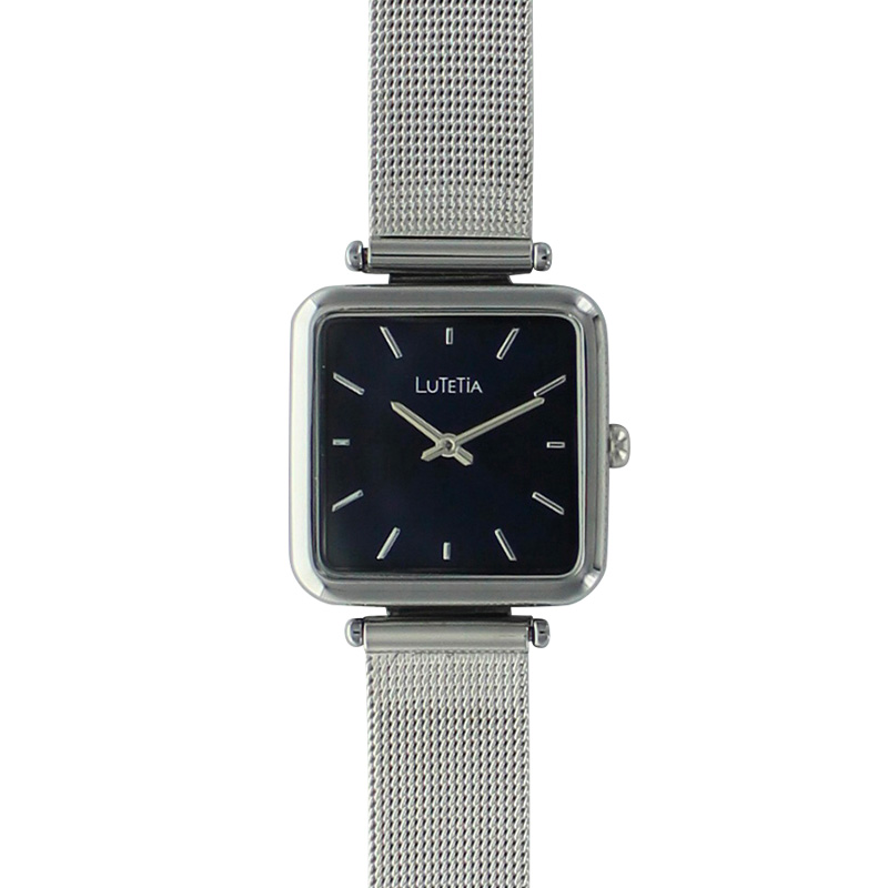 Montre Lutetia argentée avec boîtier métal et bracelet acier milanais, cadran noir
