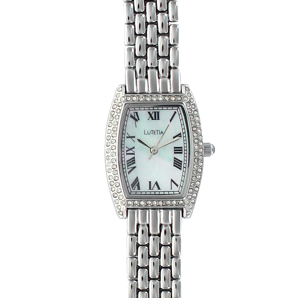Montre Lutetia argentée, pierres synthétiques, chiffres romains, bracelet style grain de riz