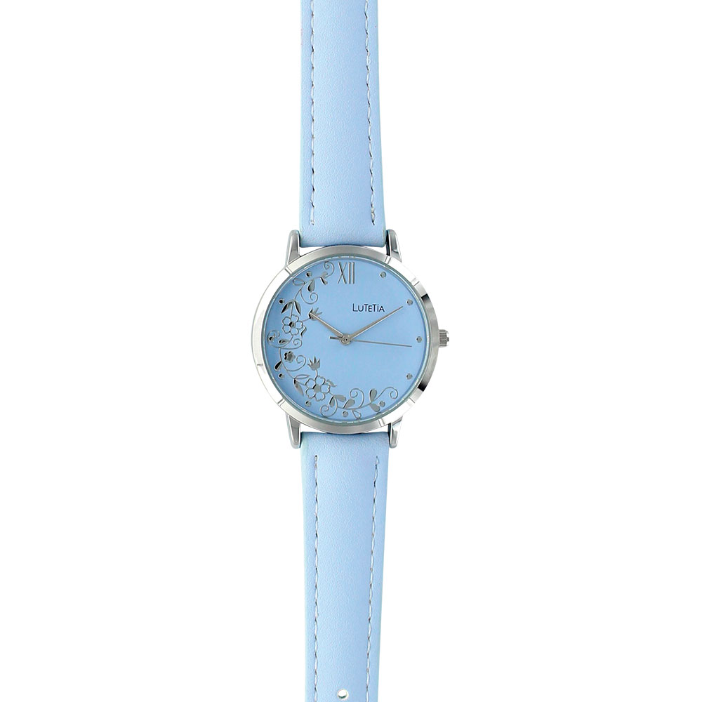 Montre Lutetia avec motif fleuri boîtier métal, cadran et bracelet synthétique bleu clair