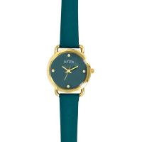 Montre Lutetia bleu paon, boîtier métal doré, verre bombé, bracelet cuir de veau