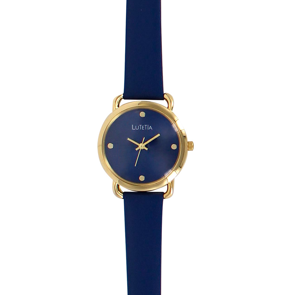 Montre Lutetia bleue, boîtier métal doré, verre bombé, bracelet cuir de veau